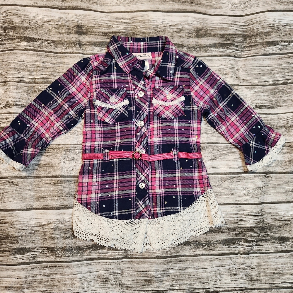 Little lass pink and blue plaid button down shirt